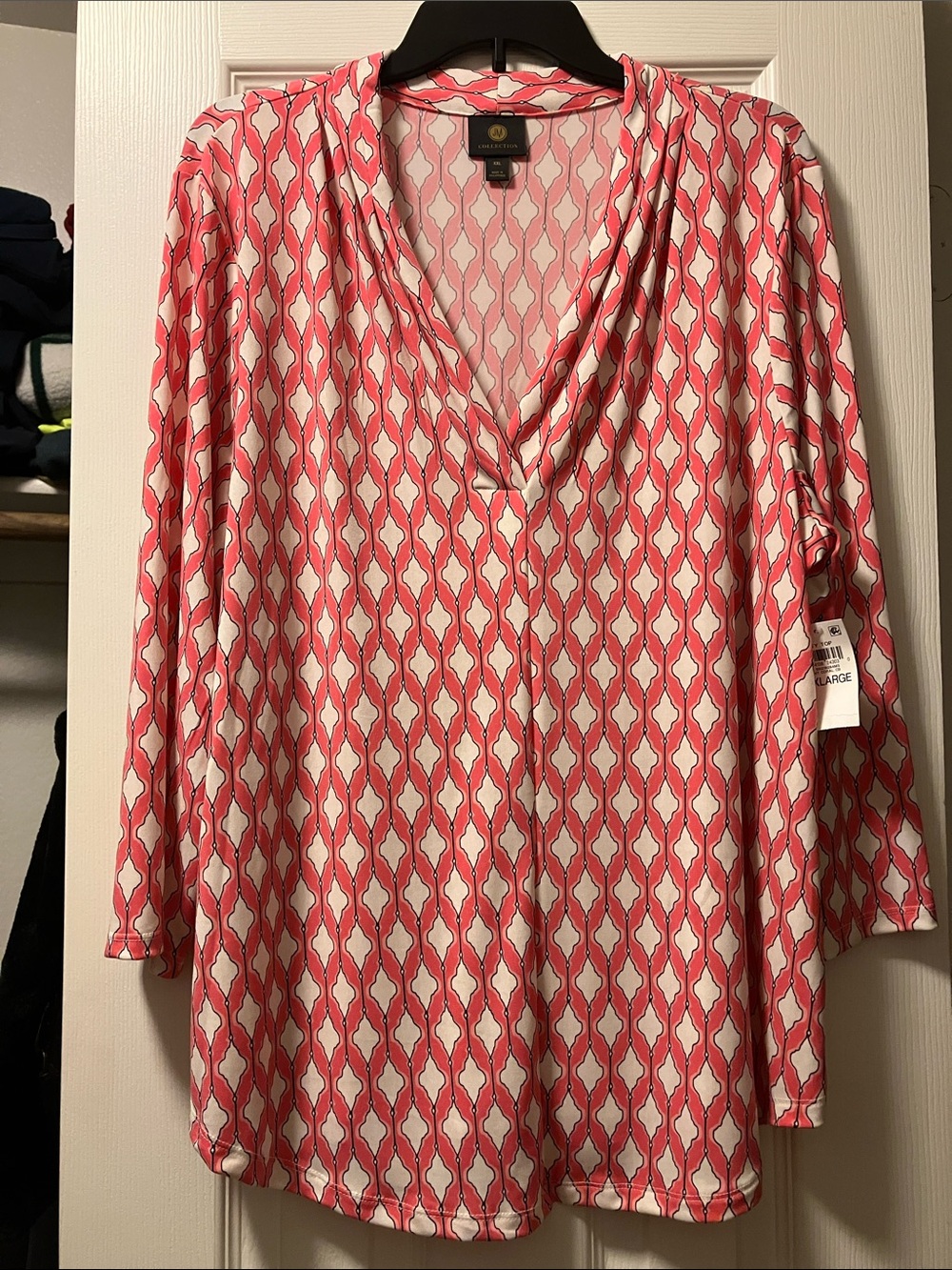 JM Collection Pink and White Geometric Cowl Neck Blouse